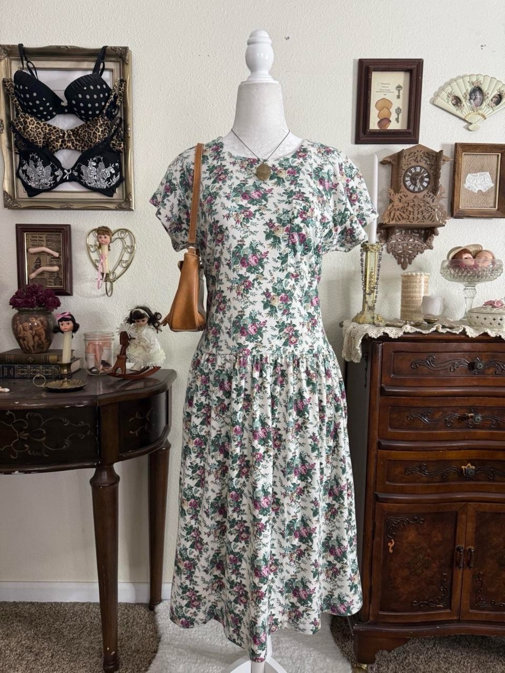 90’s cottagecore girly grunge floral midi length drop waist dress